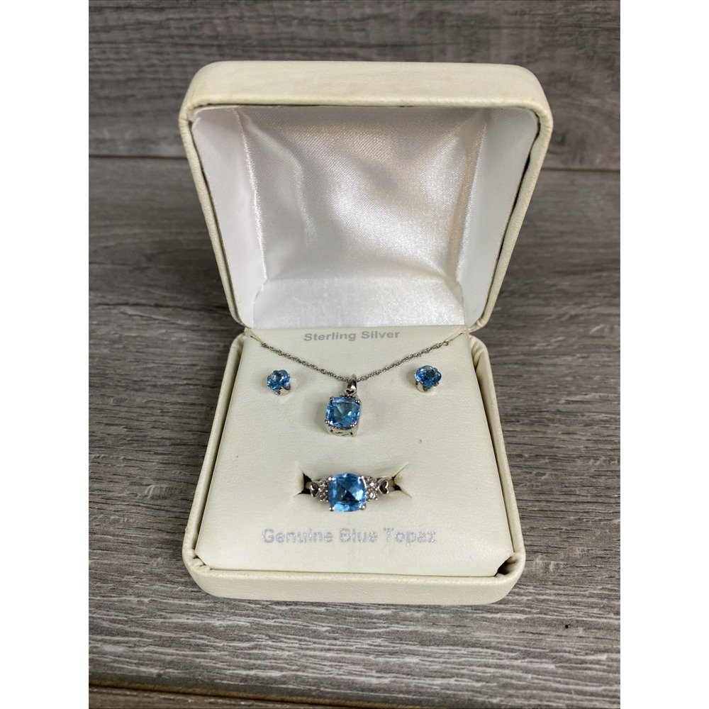 Genuine Blue Topaz Sterling Silver Necklace 18" Ring 6 1/2 & Earrings Studs Set